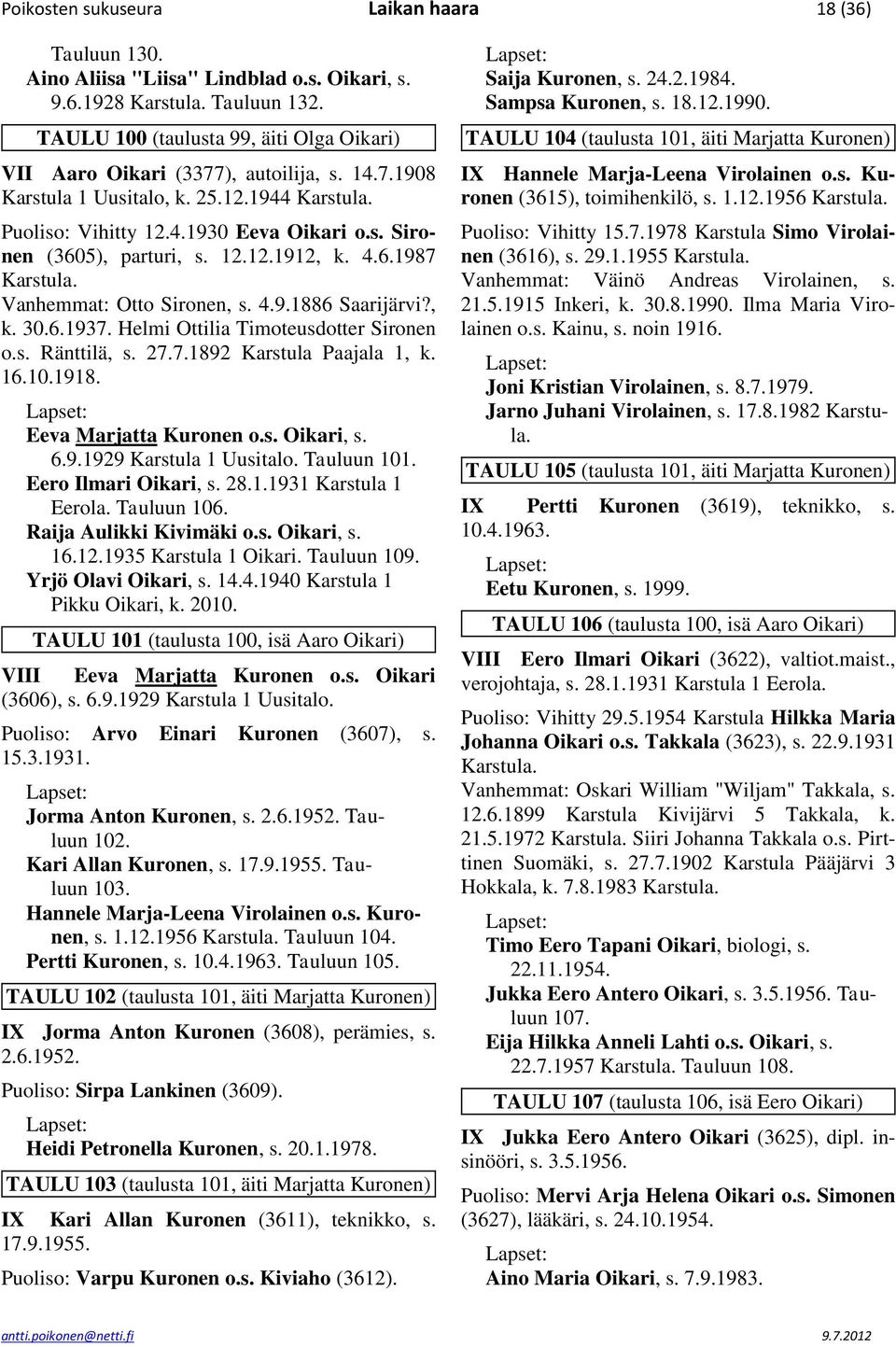 Helmi Ottilia Timoteusdotter Sironen o.s. Ränttilä, s. 27.7.1892 Karstula Paajala 1, k. 16.10.1918. Eeva Marjatta Kuronen o.s. Oikari, s. 6.9.1929 Karstula 1 Uusitalo. Tauluun 101.