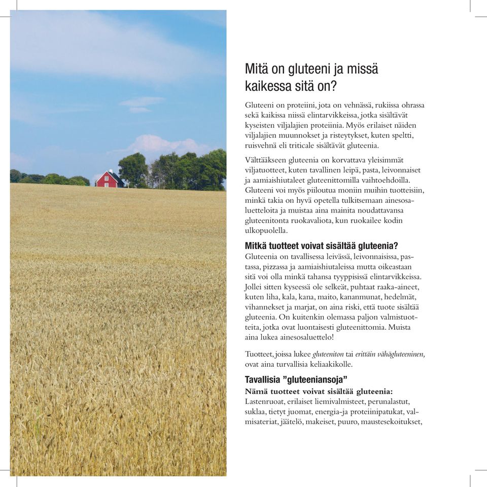 Välttääkseen gluteenia on korvattava yleisimmät viljatuotteet, kuten tavallinen leipä, pasta, leivonnaiset ja aamiaishiutaleet gluteenittomilla vaihtoehdoilla.