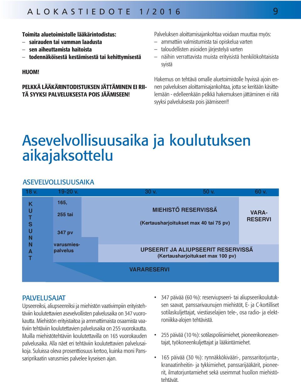 Palveluksen aloittamisajankohtaa voidaan muuttaa myös: ammattiin valmistumista tai opiskelua varten taloudellisten asioiden järjestelyä varten näihin verrattavista muista erityisistä