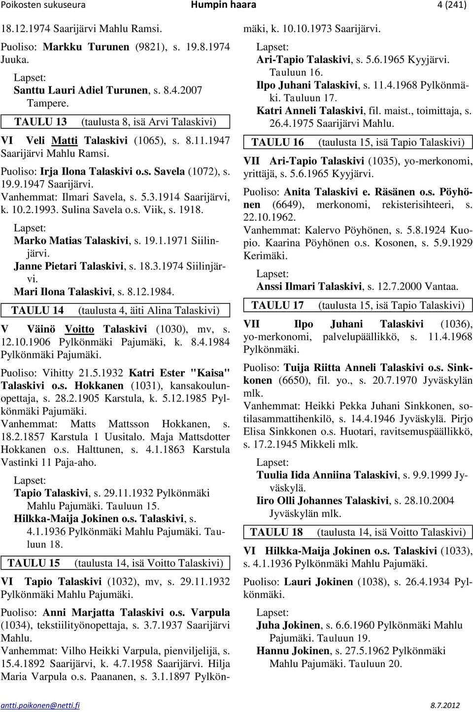 5.3.1914 Saarijärvi, k. 10.2.1993. Sulina Savela o.s. Viik, s. 1918. Marko Matias Talaskivi, s. 19.1.1971 Siilinjärvi. Janne Pietari Talaskivi, s. 18.3.1974 Siilinjärvi. Mari Ilona Talaskivi, s. 8.12.