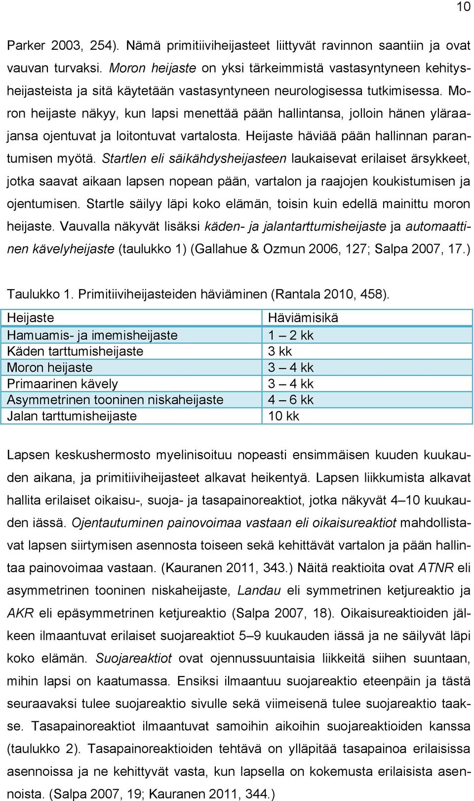 Moron heijaste näkyy, kun lapsi menettää pään hallintansa, jolloin hänen yläraajansa ojentuvat ja loitontuvat vartalosta. Heijaste häviää pään hallinnan parantumisen myötä.