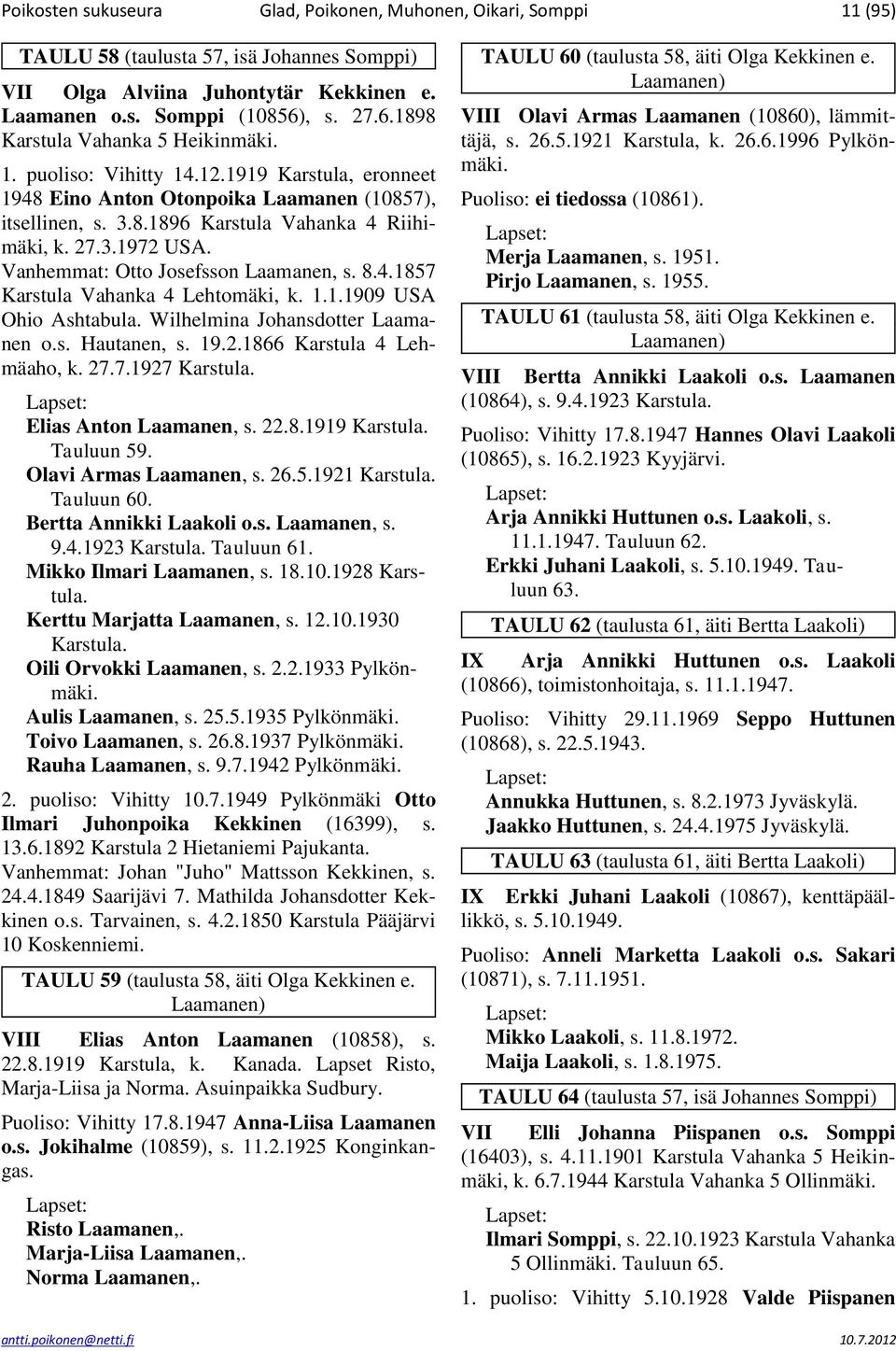 Vanhemmat: Otto Josefsson Laamanen, s. 8.4.1857 Karstula Vahanka 4 Lehtomäki, k. 1.1.1909 USA Ohio Ashtabula. Wilhelmina Johansdotter Laamanen o.s. Hautanen, s. 19.2.1866 Karstula 4 Lehmäaho, k. 27.7.1927 Elias Anton Laamanen, s.