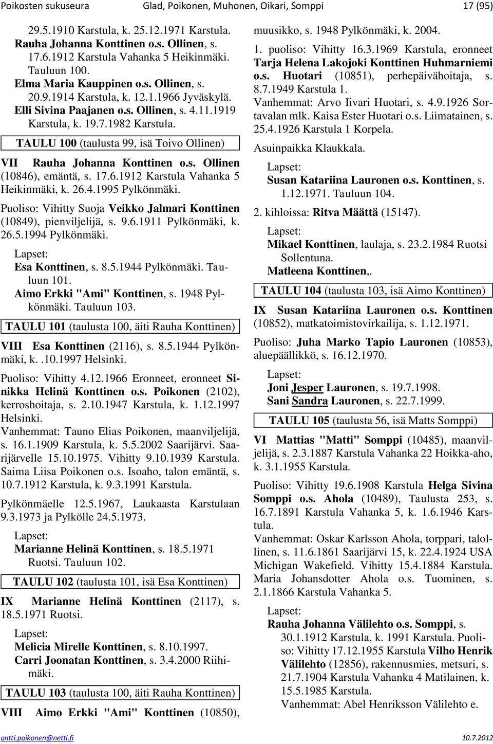 1982 TAULU 100 (taulusta 99, isä Toivo Ollinen) VII Rauha Johanna Konttinen o.s. Ollinen (10846), emäntä, s. 17.6.1912 Karstula Vahanka 5 Heikinmäki, k. 26.4.1995 Pylkönmäki.