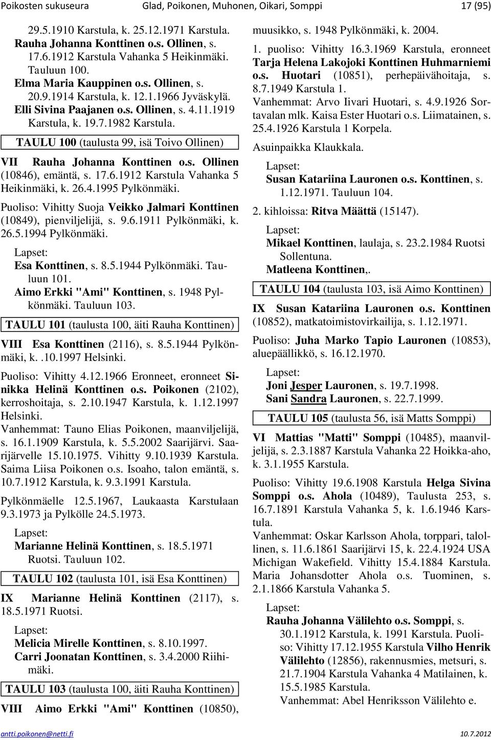 1982 TAULU 100 (taulusta 99, isä Toivo Ollinen) VII Rauha Johanna Konttinen o.s. Ollinen (10846), emäntä, s. 17.6.1912 Karstula Vahanka 5 Heikinmäki, k. 26.4.1995 Pylkönmäki.