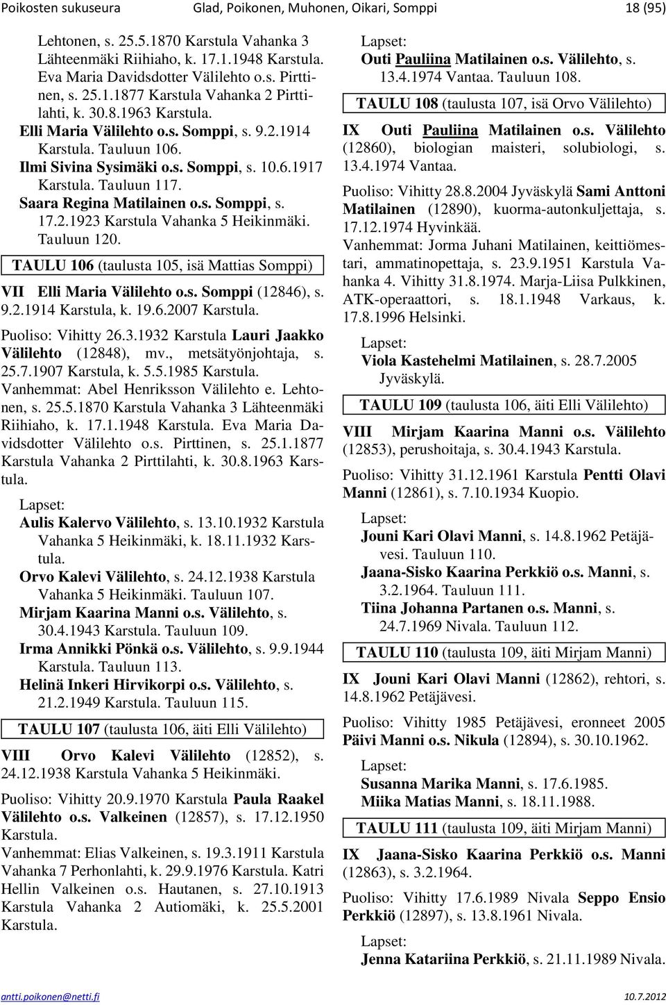 Tauluun 120. TAULU 106 (taulusta 105, isä Mattias Somppi) VII Elli Maria Välilehto o.s. Somppi (12846), s. 9.2.1914 Karstula, k. 19.6.2007 Puoliso: Vihitty 26.3.