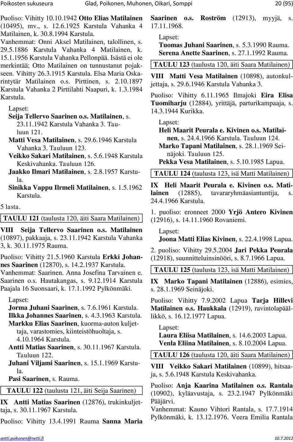 Isästä ei ole merkintää; Otto Matilainen on tunnustanut pojakseen. Vihitty 26.3.1915 Elsa Maria Oskarintytär Matilainen o.s. Pirttinen, s. 2.10.1897 Karstula Vahanka 2 Pirttilahti Naapuri, k. 1.3.1984 Seija Tellervo Saarinen o.