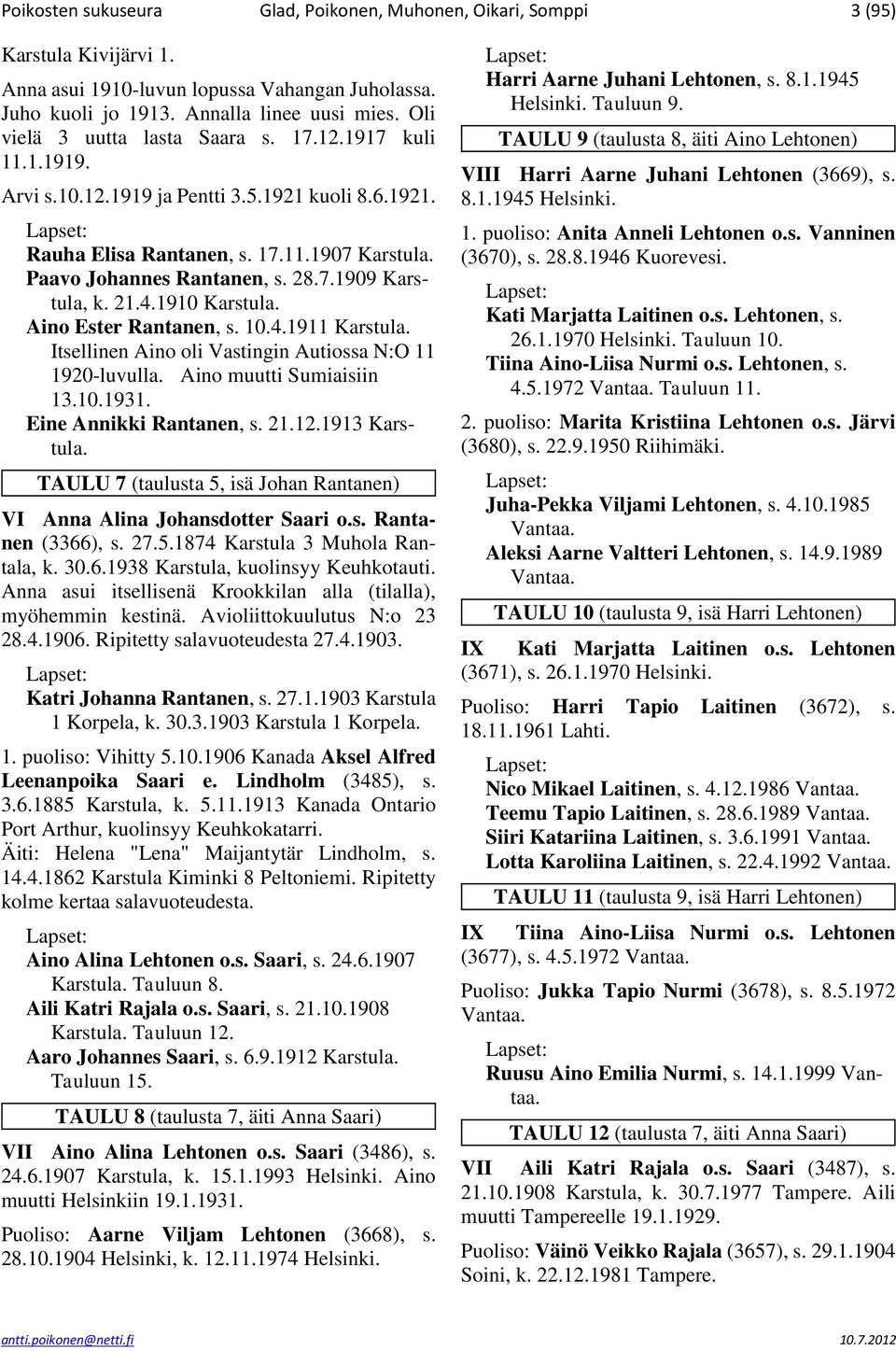 21.4.1910 Aino Ester Rantanen, s. 10.4.1911 Itsellinen Aino oli Vastingin Autiossa N:O 11 1920-luvulla. Aino muutti Sumiaisiin 13.10.1931. Eine Annikki Rantanen, s. 21.12.