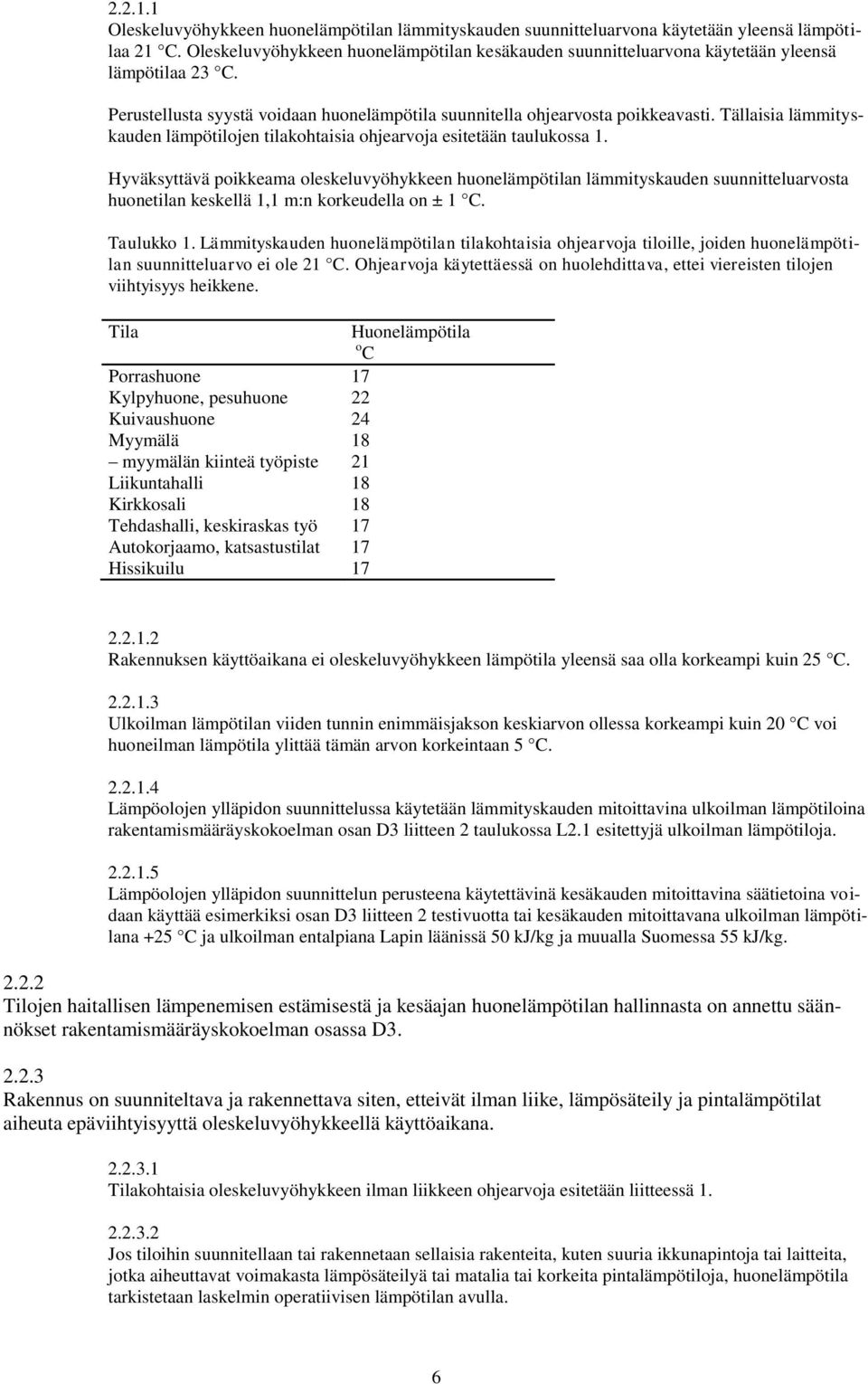 Tällaisia lämmityskauden lämpötilojen tilakohtaisia ohjearvoja esitetään taulukossa 1.