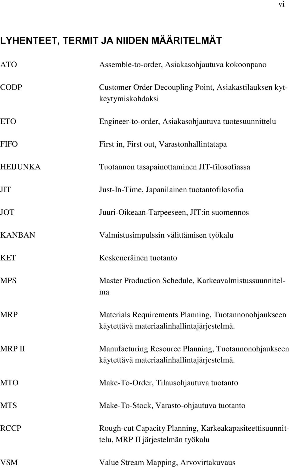 Japanilainen tuotantofilosofia Juuri-Oikeaan-Tarpeeseen, JIT:in suomennos Valmistusimpulssin välittämisen työkalu Keskeneräinen tuotanto Master Production Schedule, Karkeavalmistussuunnitelma