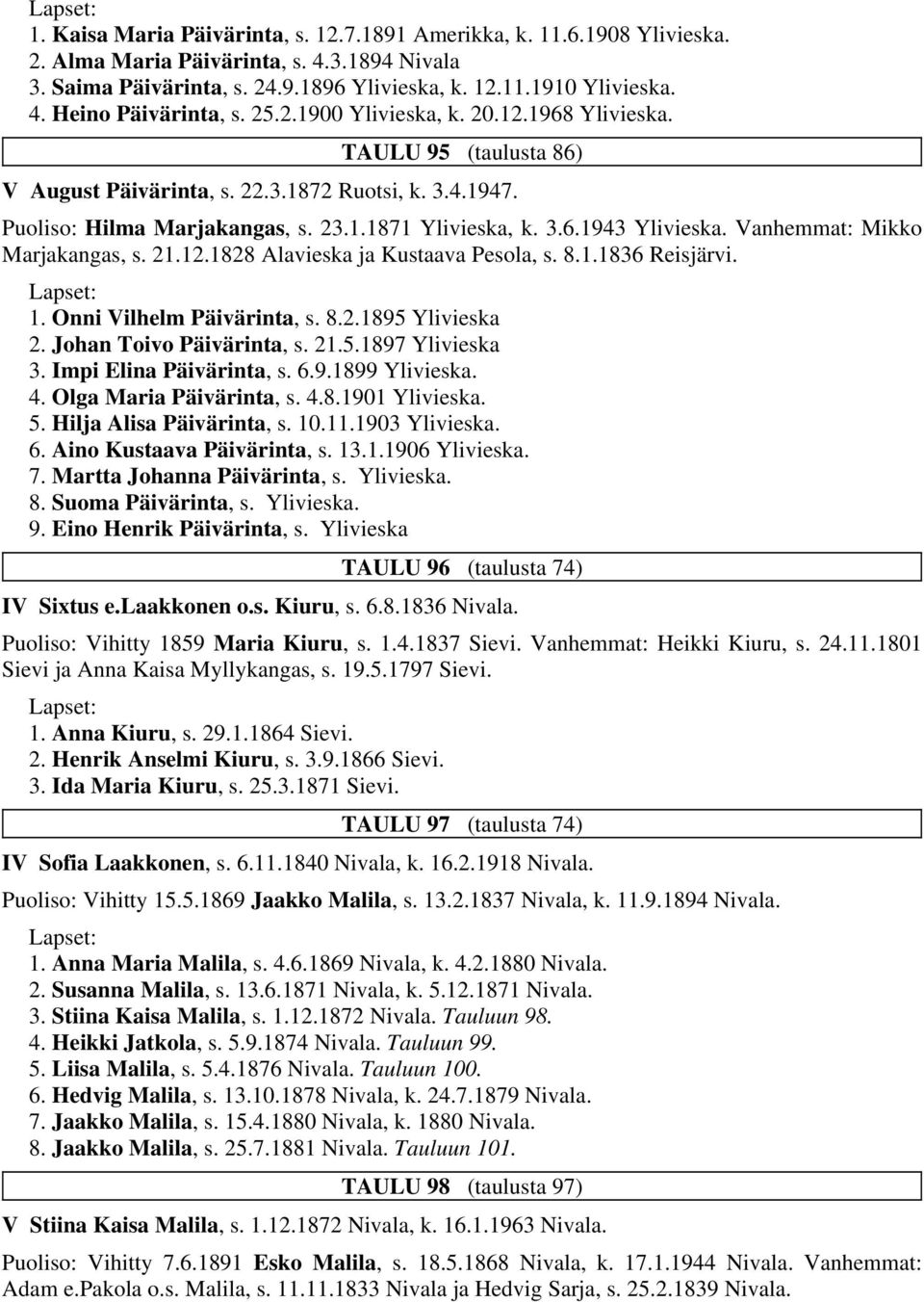 Vanhemmat: Mikko Marjakangas, s. 21.12.1828 Alavieska ja Kustaava Pesola, s. 8.1.1836 Reisjärvi. 1. Onni Vilhelm Päivärinta, s. 8.2.1895 Ylivieska 2. Johan Toivo Päivärinta, s. 21.5.1897 Ylivieska 3.