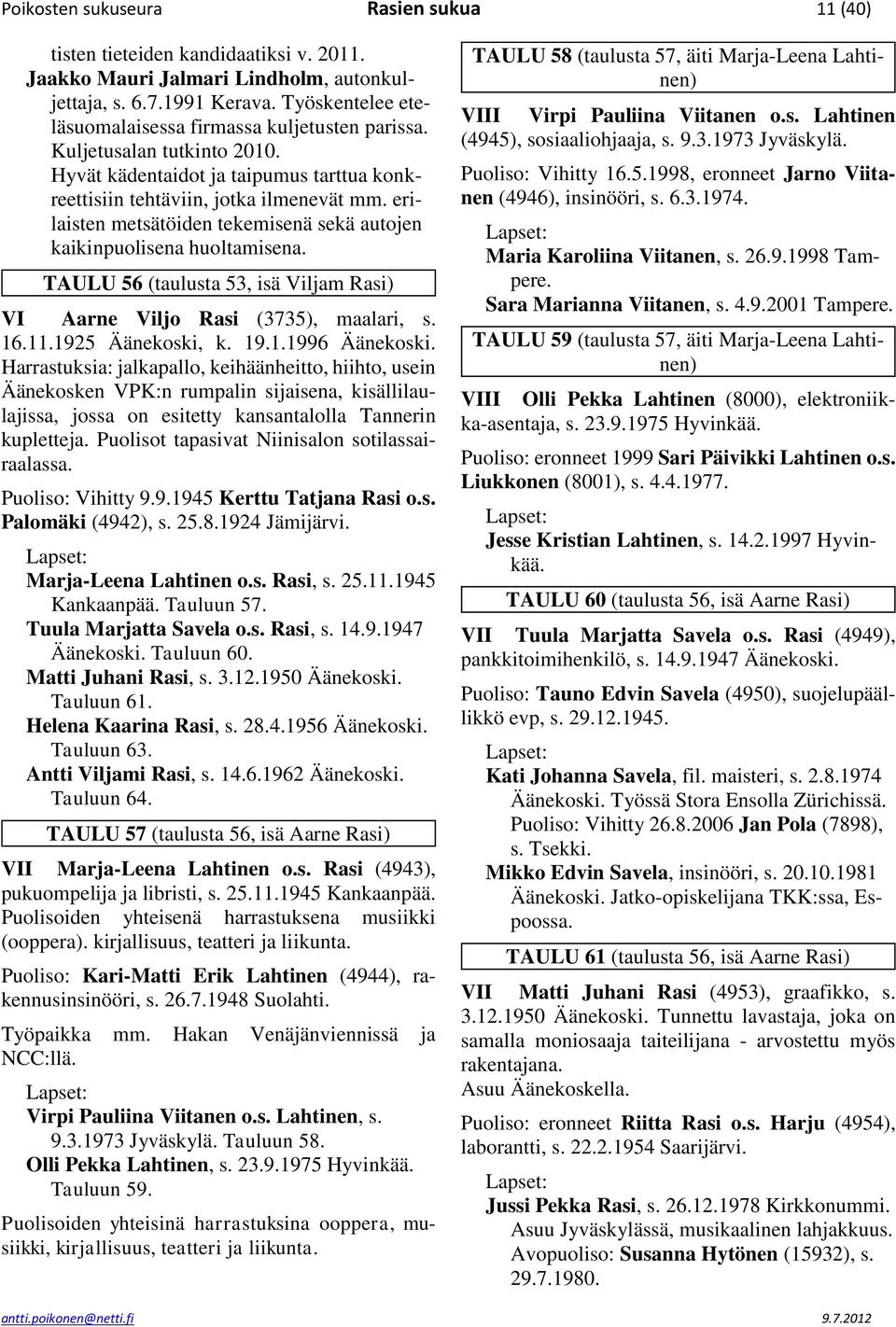 erilaisten metsätöiden tekemisenä sekä autojen kaikinpuolisena huoltamisena. TAULU 56 (taulusta 53, isä Viljam Rasi) VI Aarne Viljo Rasi (3735), maalari, s. 16.11.1925 Äänekoski, k. 19.1.1996 Äänekoski.