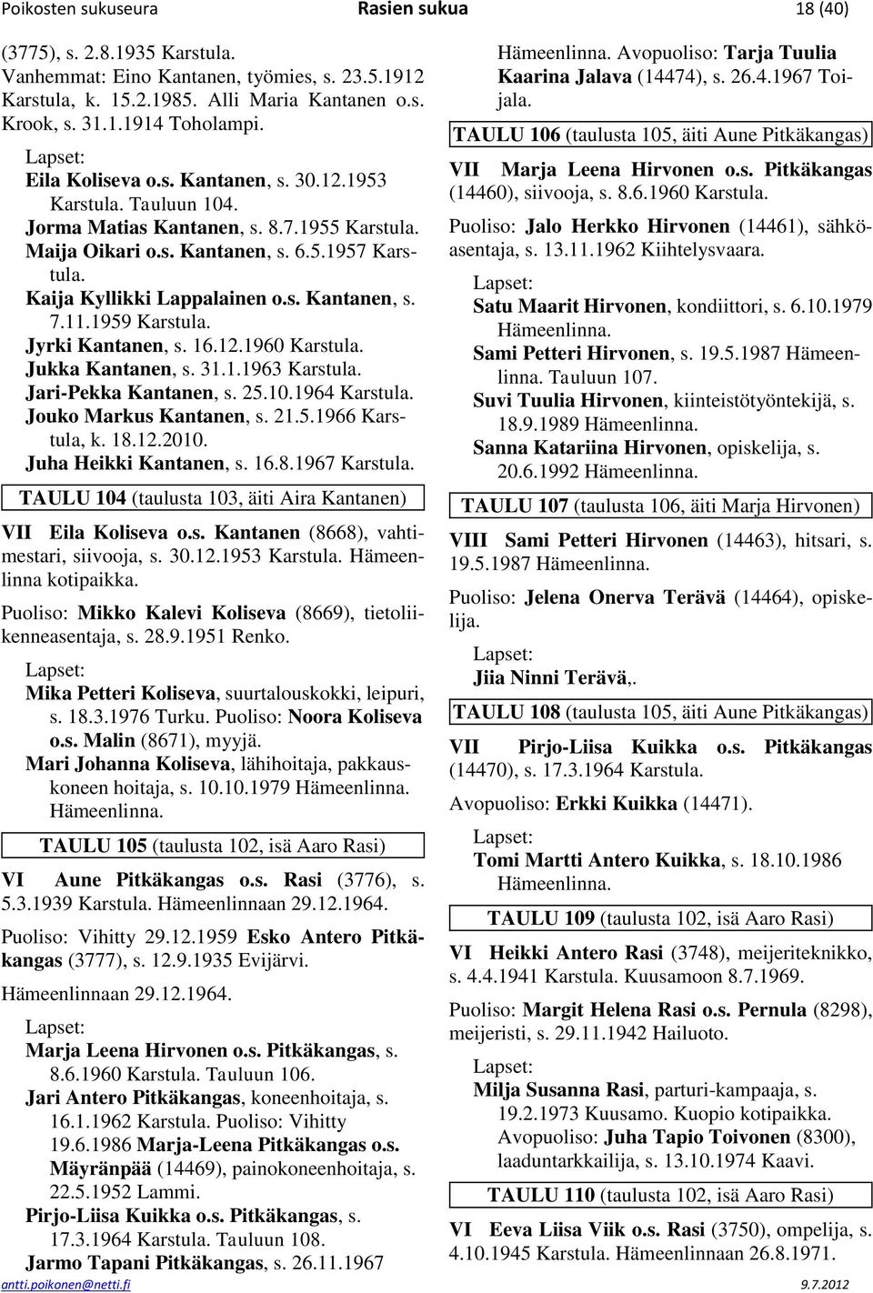 11.1959 Karstula. Jyrki Kantanen, s. 16.12.1960 Karstula. Jukka Kantanen, s. 31.1.1963 Karstula. Jari-Pekka Kantanen, s. 25.10.1964 Karstula. Jouko Markus Kantanen, s. 21.5.1966 Karstula, k. 18.12.2010.