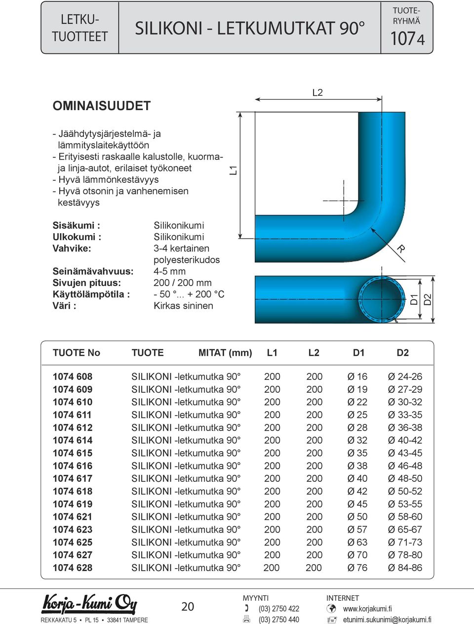 - 50... + 200 C Väri : Kirkas sininen R D1 D2 TUOTE No TUOTE MITAT (mm) L1 L2 D1 D2 1074 608 SILIKONI -letkumutka 90 200 200 Ø 16 Ø 24-26 1074 609 SILIKONI -letkumutka 90 200 200 Ø 19 Ø 27-29 1074