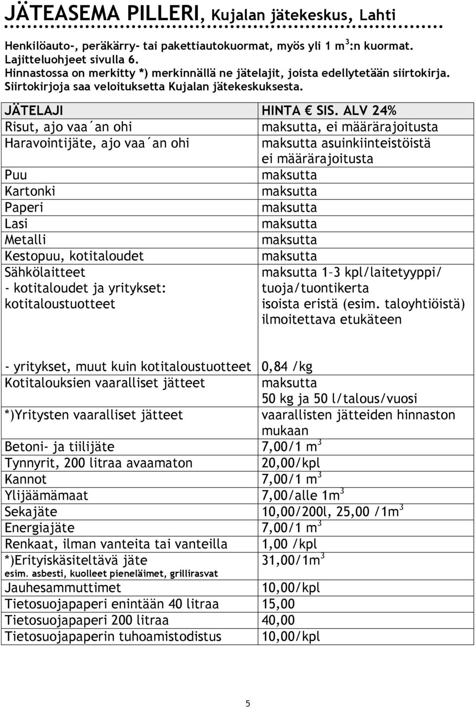 ALV 24% Risut, ajo vaa an ohi, ei määrärajoitusta Haravointijäte, ajo vaa an ohi asuinkiinteistöistä ei määrärajoitusta Puu Kartonki Paperi Lasi Metalli Kestopuu, kotitaloudet Sähkölaitteet -