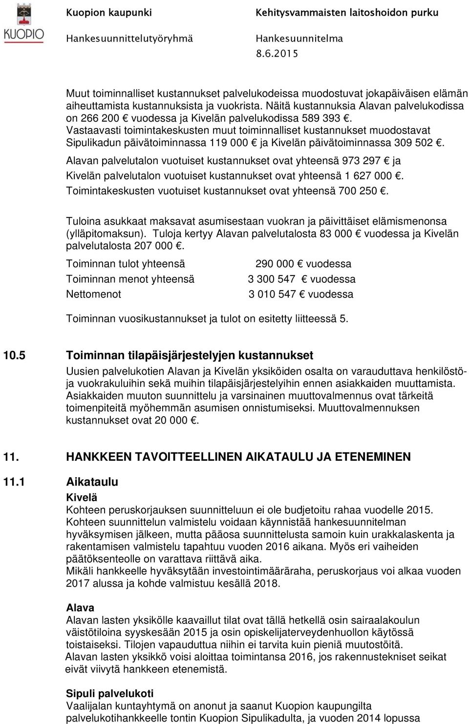 Vastaavasti toimintakeskusten muut toiminnalliset kustannukset muodostavat Sipulikadun päivätoiminnassa 119 000 ja Kivelän päivätoiminnassa 309 502.