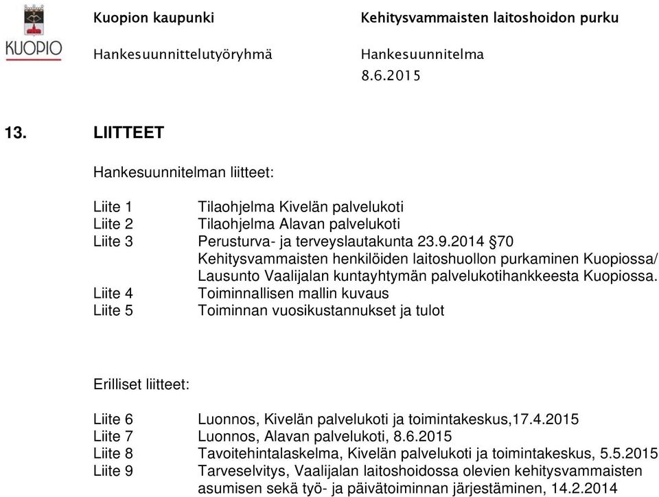 2014 70 Kehitysvammaisten henkilöiden laitoshuollon purkaminen Kuopiossa/ Lausunto Vaalijalan kuntayhtymän palvelukotihankkeesta Kuopiossa.