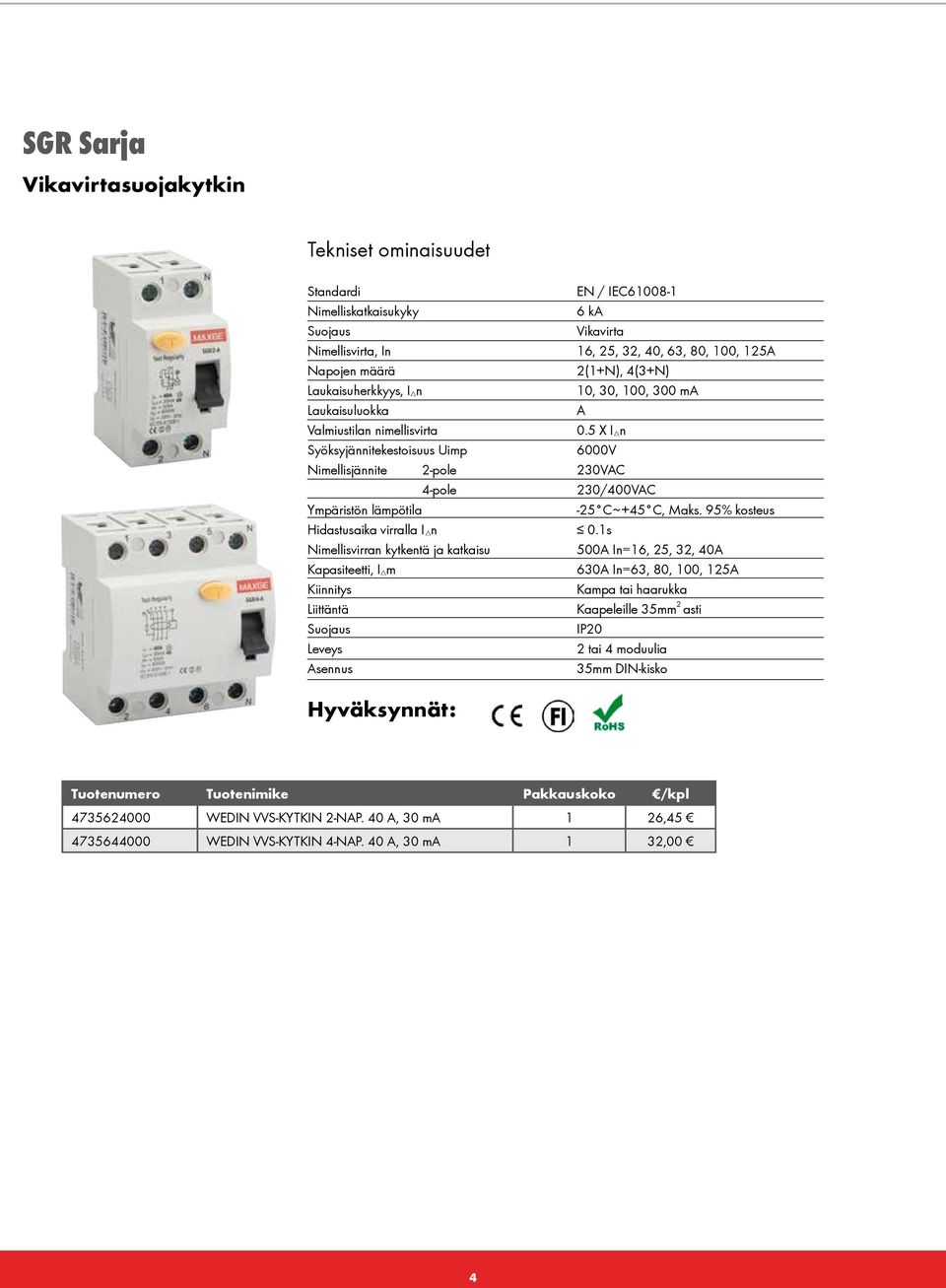 Asennus EN / IEC61008-1 6 ka Vikavirta 16, 25, 32, 40, 63, 80, 100, 125A 2(1+N), 4(3+N) 10, 30, 100, 300 ma A 0.5 X I n 6000V 230VAC 230/400VAC -25 C ~ +45 C, Maks. 95% kosteus 0.