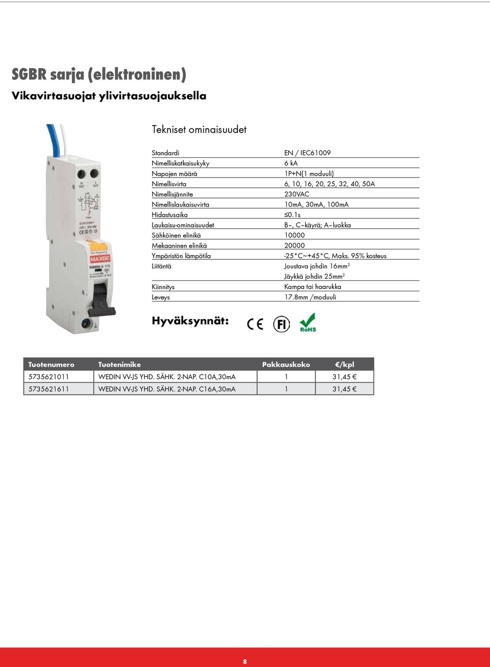 10, 16, 20, 25, 32, 40, 50A 230VAC 10mA, 30mA, 100mA 0.1s B, C käyrä; A luokka 10000 20000-25 C ~ +45 C, Maks.