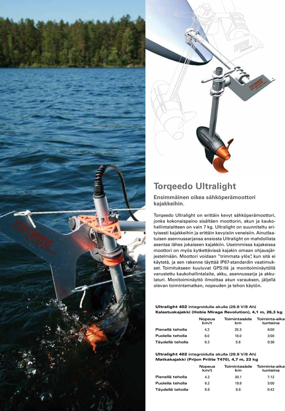 Ultralight on suunniteltu erityisesti kajakkeihin ja erittäin kevyisiin veneisiin. Ainutlaatuisen asennussarjansa ansiosta Ultralight on mahdollista asentaa lähes jokaiseen kajakkiin.