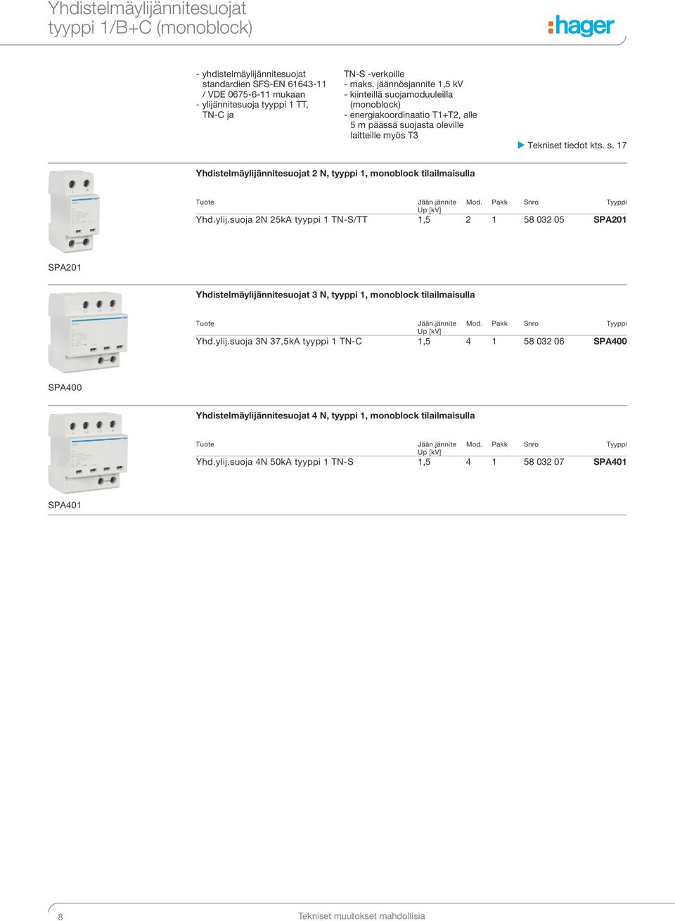 jännite Mod. Pakk Snro Tyyppi Up [kv] Yhd.ylij.suoja 2N 25kA tyyppi 1 TN-S/TT 1,5 2 1 58 032 05 SPA201 SPA201 Yhdistelmäylijännitesuojat 3 N, tyyppi 1, monoblock tilailmaisulla Tuote Jään.jännite Mod. Pakk Snro Tyyppi Up [kv] Yhd.ylij.suoja 3N 37,5kA tyyppi 1 TN- 1,5 4 1 58 032 06 SPA400 SPA400 Yhdistelmäylijännitesuojat 4 N, tyyppi 1, monoblock tilailmaisulla Tuote Jään.