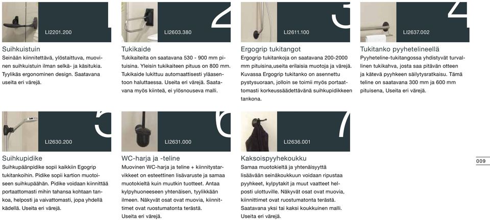 selkä- ja käsitukia. tuisina. Yleisin tukikaiteen pituus on 800 mm. mm pituisina,useita erilaisia muotoja ja värejä. linen tukikahva, josta saa pitävän otteen Tyylikäs ergonominen design.