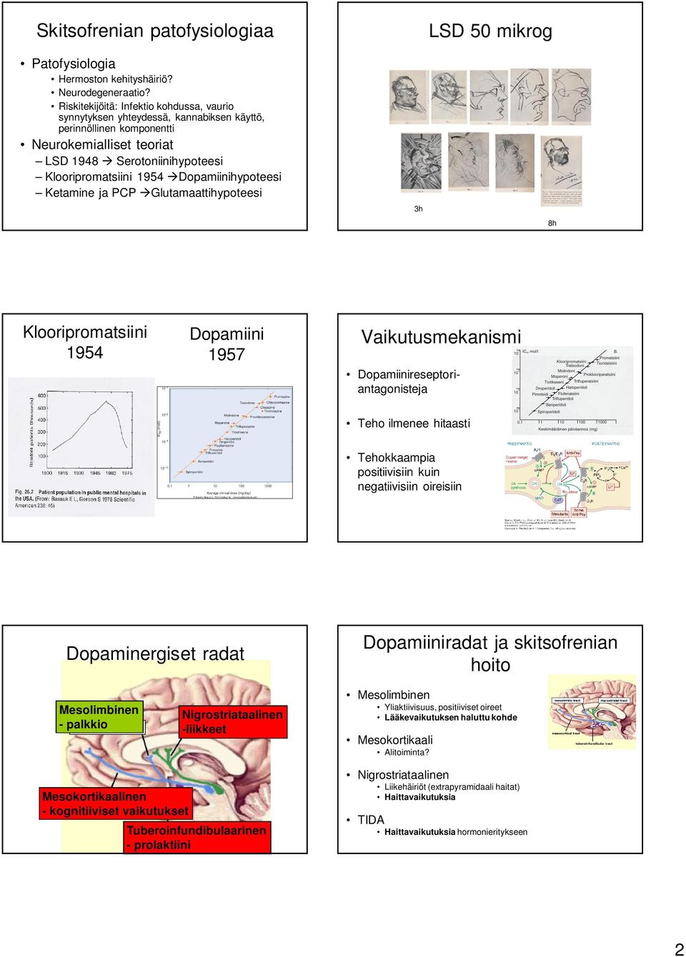 Dopamiinihypoteesi Ketamine ja PCP Glutamaattihypoteesi 3h LSD 50 mikrog 8h Klooripromatsiini 1954 Dopamiini 1957 Vaikutusmekanismi Dopamiinireseptoriantagonisteja Teho ilmenee hitaasti Tehokkaampia