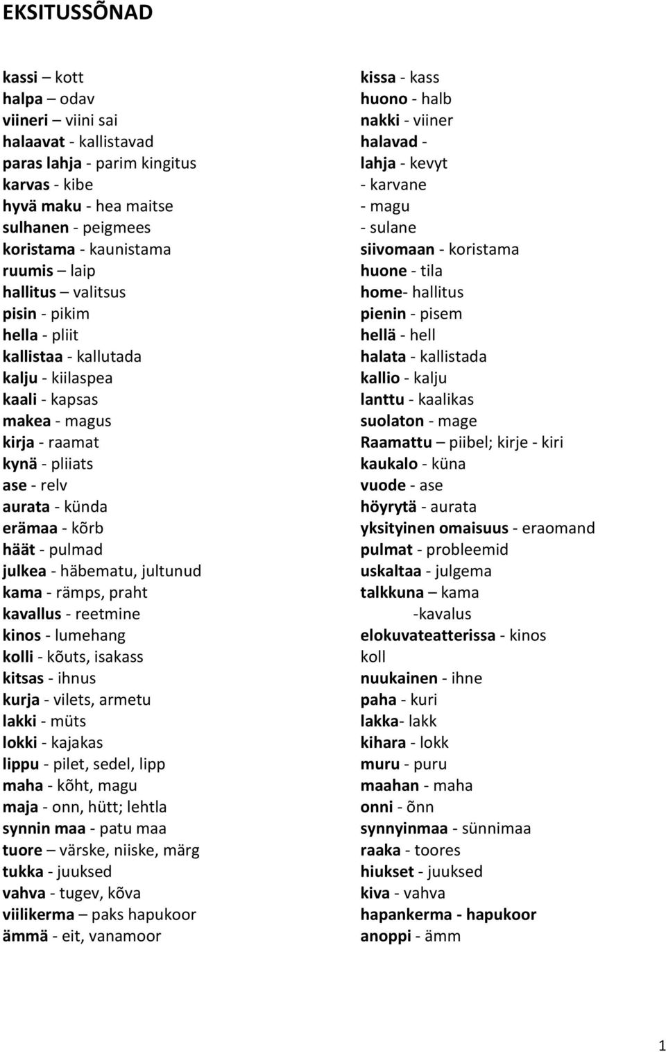 julkea - häbematu, jultunud kama - rämps, praht kavallus - reetmine kinos - lumehang kolli - kõuts, isakass kitsas - ihnus kurja - vilets, armetu lakki - müts lokki - kajakas lippu - pilet, sedel,