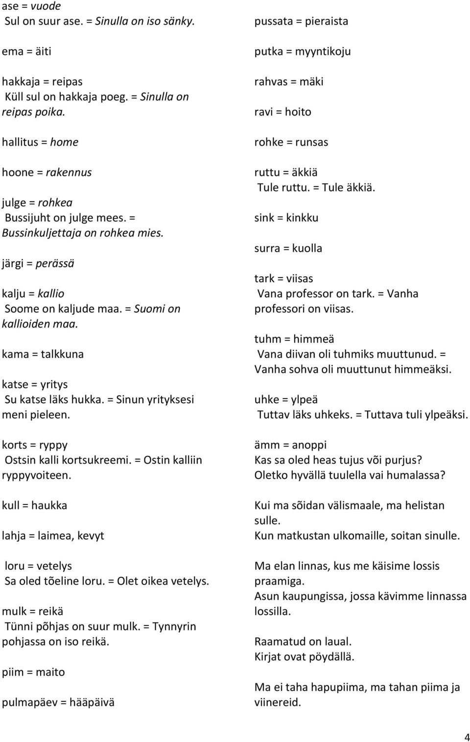 kama = talkkuna katse = yritys Su katse läks hukka. = Sinun yrityksesi meni pieleen. korts = ryppy Ostsin kalli kortsukreemi. = Ostin kalliin ryppyvoiteen.