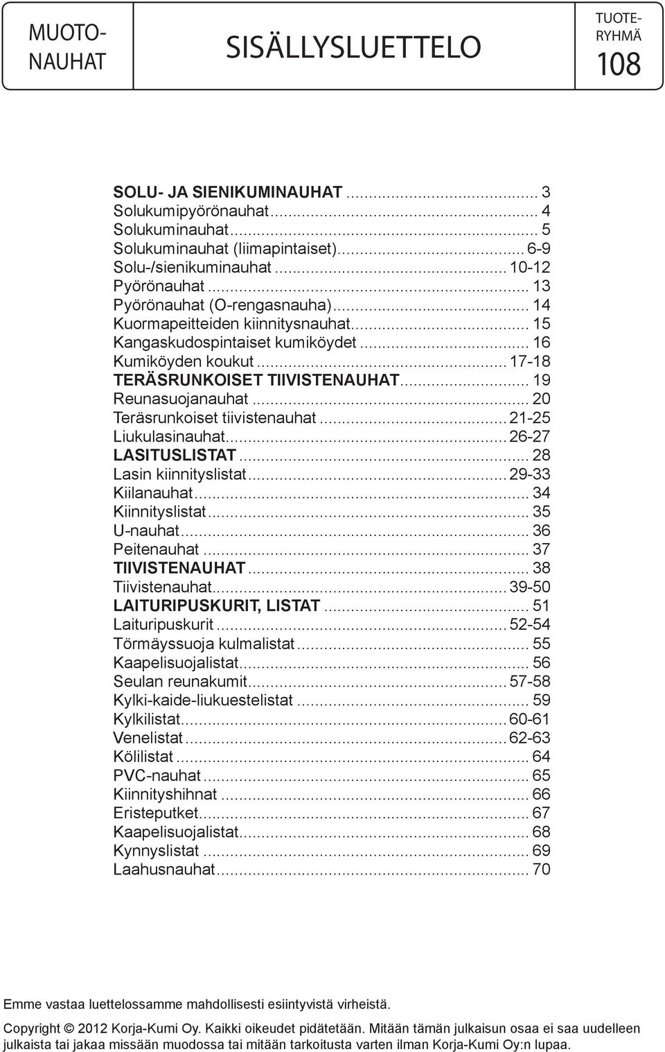 .. 20 Teräsrunkoiset tiivistenauhat...21-25 Liukulasinauhat...26-27 LASITUSLISTAT... 28 Lasin kiinnityslistat...29-33 Kiilanauhat... 34 Kiinnityslistat... 35 U-nauhat... 36 Peitenauhat... 37 TIIVISTE.