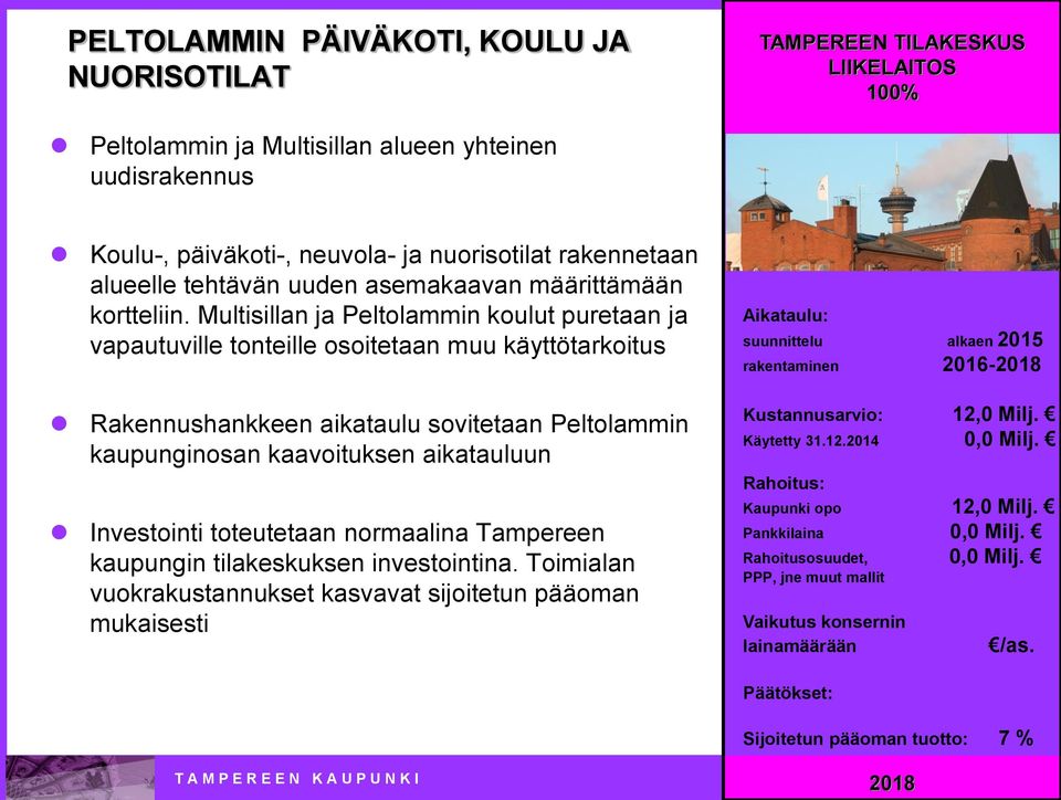 Multisillan ja Peltolammin koulut puretaan ja vapautuville tonteille osoitetaan muu käyttötarkoitus Rakennushankkeen aikataulu sovitetaan Peltolammin