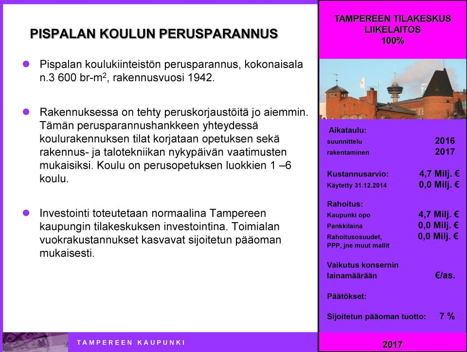 Tämän perusparannushankkeen yhteydessä koulurakennuksen tilat korjataan opetuksen sekä rakennus- ja talotekniikan nykypäivän vaatimusten
