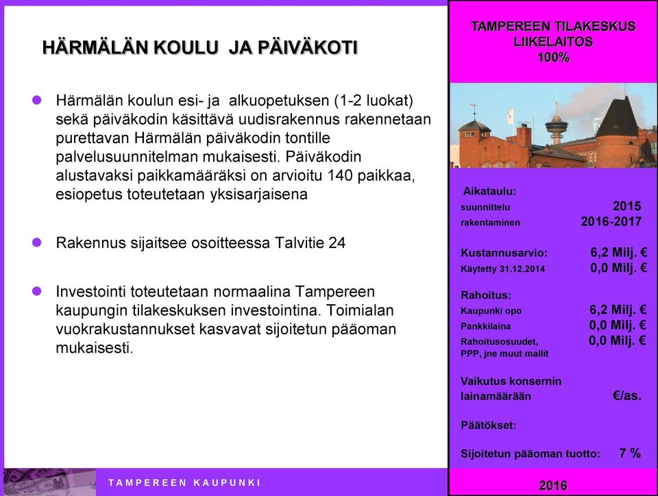 Päiväkodin alustavaksi paikkamääräksi on arvioitu 140 paikkaa, esiopetus toteutetaan yksisarjaisena Rakennus sijaitsee osoitteessa