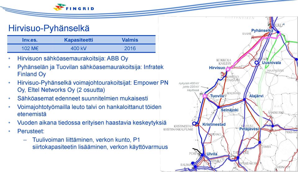 Finland Oy Hirvisuo-Pyhänselkä voimajohtourakoitsijat: Empower PN Oy, Eltel Networks Oy (2 osuutta) Sähköasemat edenneet