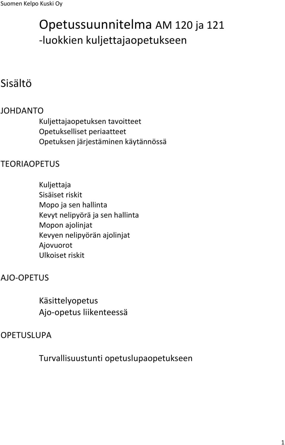 Kuljettaja Sisäiset riskit Mopo ja sen hallinta Kevyt nelipyörä ja sen hallinta Mopon ajolinjat Kevyen