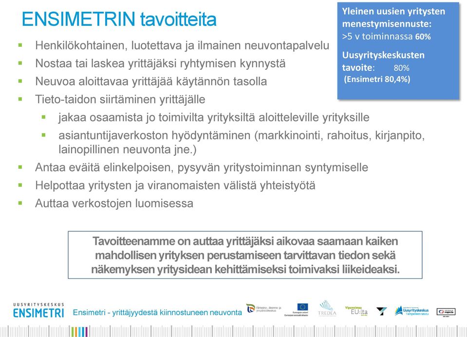 ) Antaa eväitä elinkelpoisen, pysyvän yritystoiminnan syntymiselle Helpottaa yritysten ja viranomaisten välistä yhteistyötä Auttaa verkostojen luomisessa Yleinen uusien yritysten menestymisennuste: