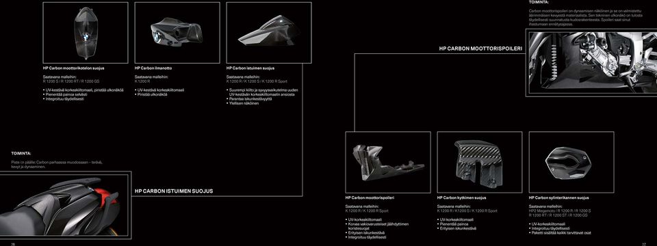 HP CARBON MOOTTORISPOILERI HP Carbon moottorikotelon suojus R 1200 S / R 1200 RT / R 1200 GS UV-kestävä korkeakiiltomaali, piristää ulkonäköä Pienentää painoa selvästi Integroituu täydellisesti HP