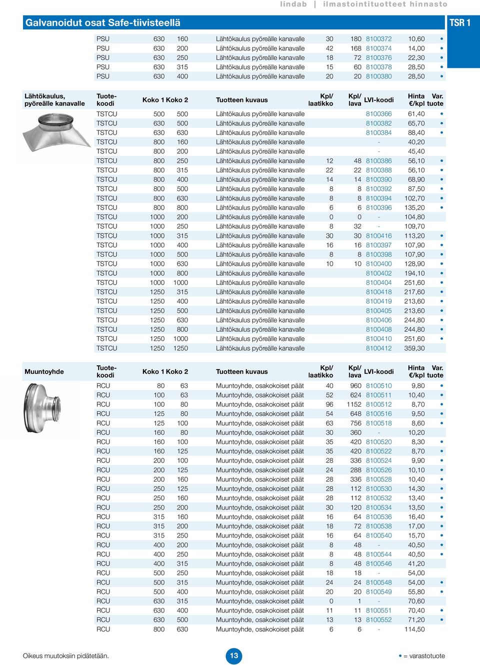 kanavalle Koko 1 Koko 2 TSTCU 500 500 Lähtökaulus pyöreälle kanavalle 8100366 61,40 TSTCU 630 500 Lähtökaulus pyöreälle kanavalle 8100382 65,70 TSTCU 630 630 Lähtökaulus pyöreälle kanavalle 8100384