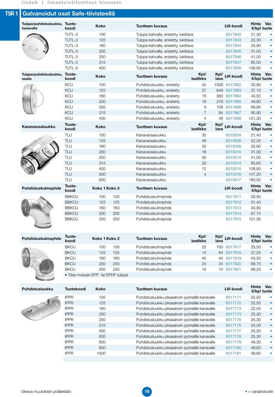 31,00 TUTL-3 250 Tulppa kahvalla, eristetty, lukittava 8317846 41,00 TUTL-3 315 Tulppa kahvalla, eristetty, lukittava 8317847 65,50 TUTL-3 400 Tulppa kahvalla, eristetty, lukittava 8317848 108,90