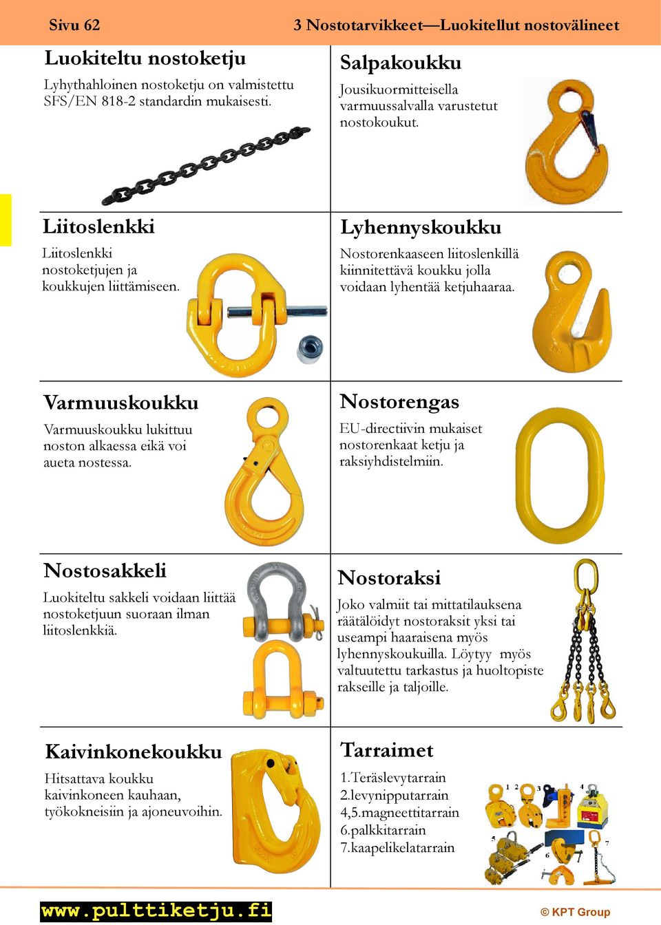 Lyhennyskoukku Nostorenkaaseen liitoslenkillä kiinnitettävä koukku jolla voidaan lyhentää ketjuhaaraa. Varmuuskoukku Varmuuskoukku lukittuu noston alkaessa eikä voi aueta nostessa.