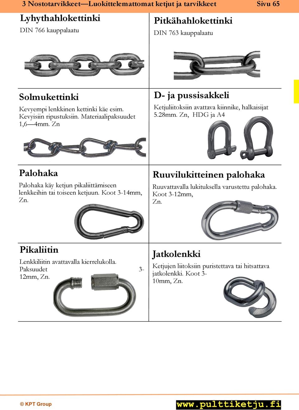 Zn, HDG ja A4 Palohaka Ruuvilukitteinen palohaka Palohaka käy ketjun pikaliittämiseen lenkkeihin tai toiseen ketjuun. Koot 3-14mm, Zn.