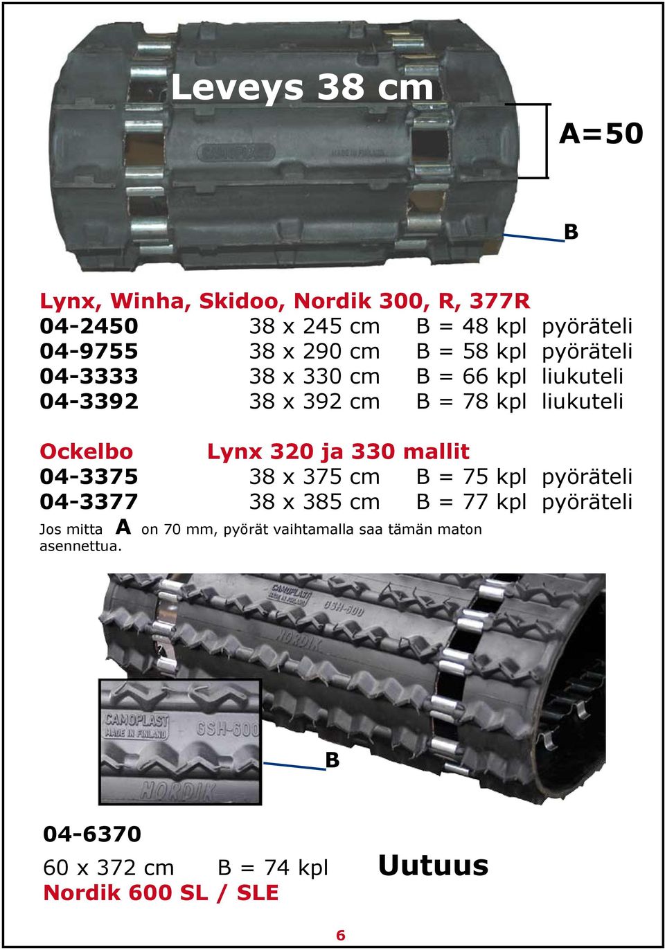 Ockelbo Lynx 320 ja 330 mallit 04-3375 38 x 375 cm B = 75 kpl pyöräteli 04-3377 38 x 385 cm B = 77 kpl pyöräteli Jos