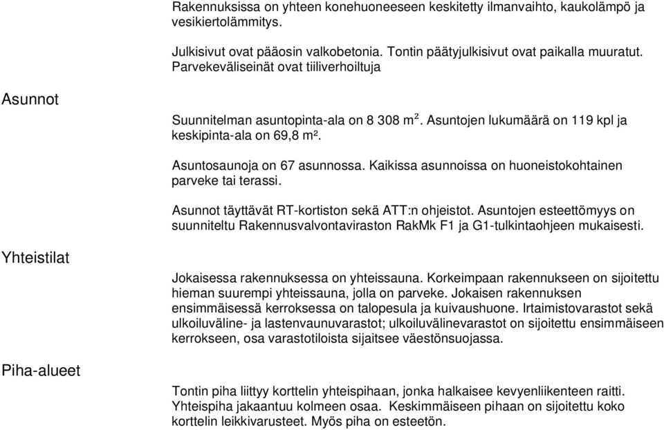 Kaikissa asunnoissa on huoneistokohtainen parveke tai terassi. Asunnot täyttävät RT-kortiston sekä ATT:n ohjeistot.