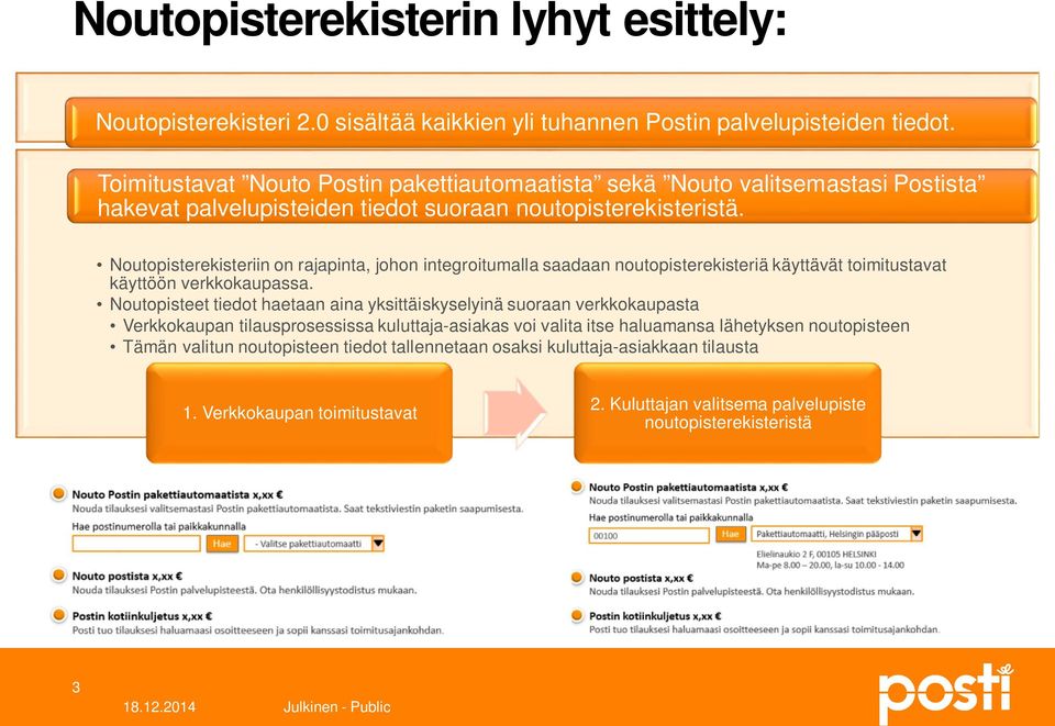 Noutopisterekisteriin on rajapinta, johon integroitumalla saadaan noutopisterekisteriä käyttävät toimitustavat käyttöön verkkokaupassa.