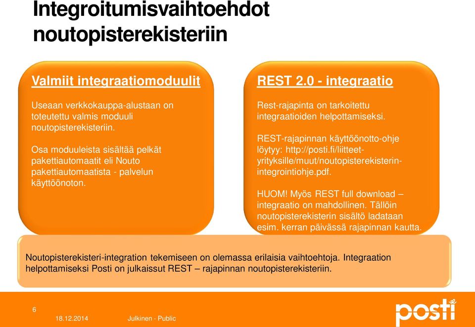 REST-rajapinnan käyttöönotto-ohje löytyy: http://posti.fi/liitteetyrityksille/muut/noutopisterekisterinintegrointiohje.pdf. HUOM! Myös REST full download integraatio on mahdollinen.