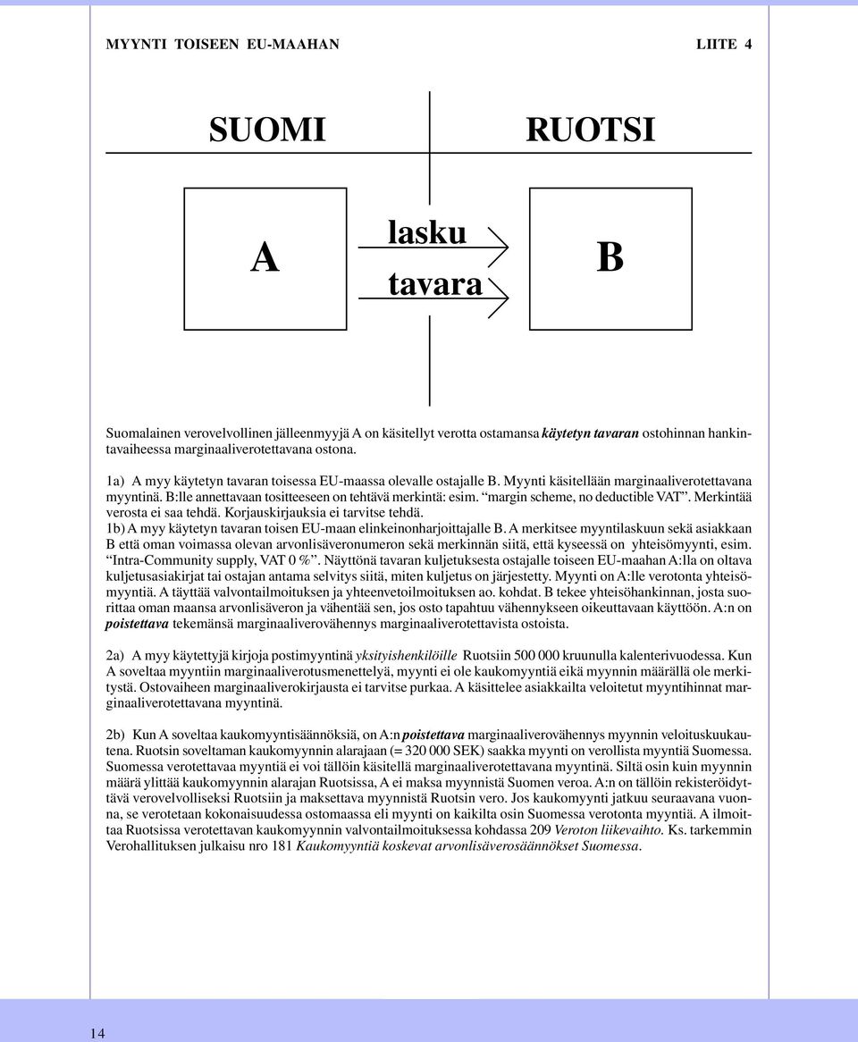 B:lle annettavaan tositteeseen on tehtävä merkintä: esim. margin scheme, no deductible VAT. Merkintää verosta ei saa tehdä. Korjauskirjauksia ei tarvitse tehdä.