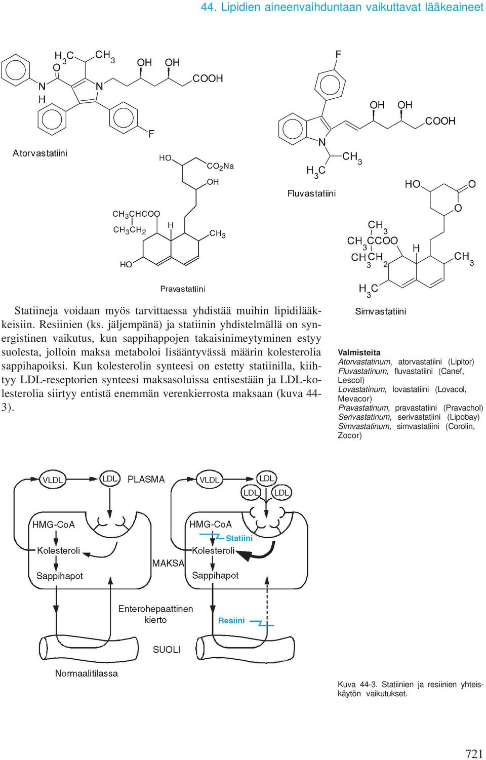 Kun kolesterolin synteesi on estetty statiinilla, kiihtyy LDL-reseptorien synteesi maksasoluissa entisestään ja LDL-kolesterolia siirtyy entistä enemmän verenkierrosta maksaan (kuva 44-3).