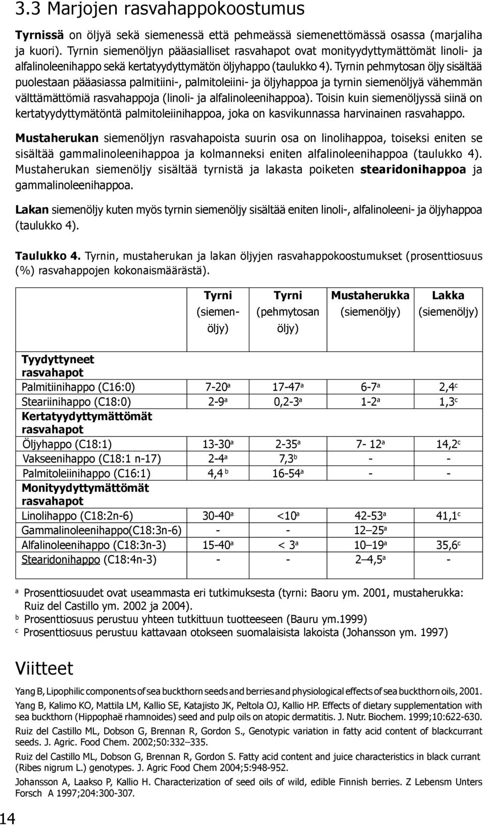 Tyrnin pehmytosan öljy sisältää puolestaan pääasiassa palmitiini-, palmitoleiini- ja öljyhappoa ja tyrnin siemenöljyä vähemmän välttämättömiä rasvahappoja (linoli- ja alfalinoleenihappoa).