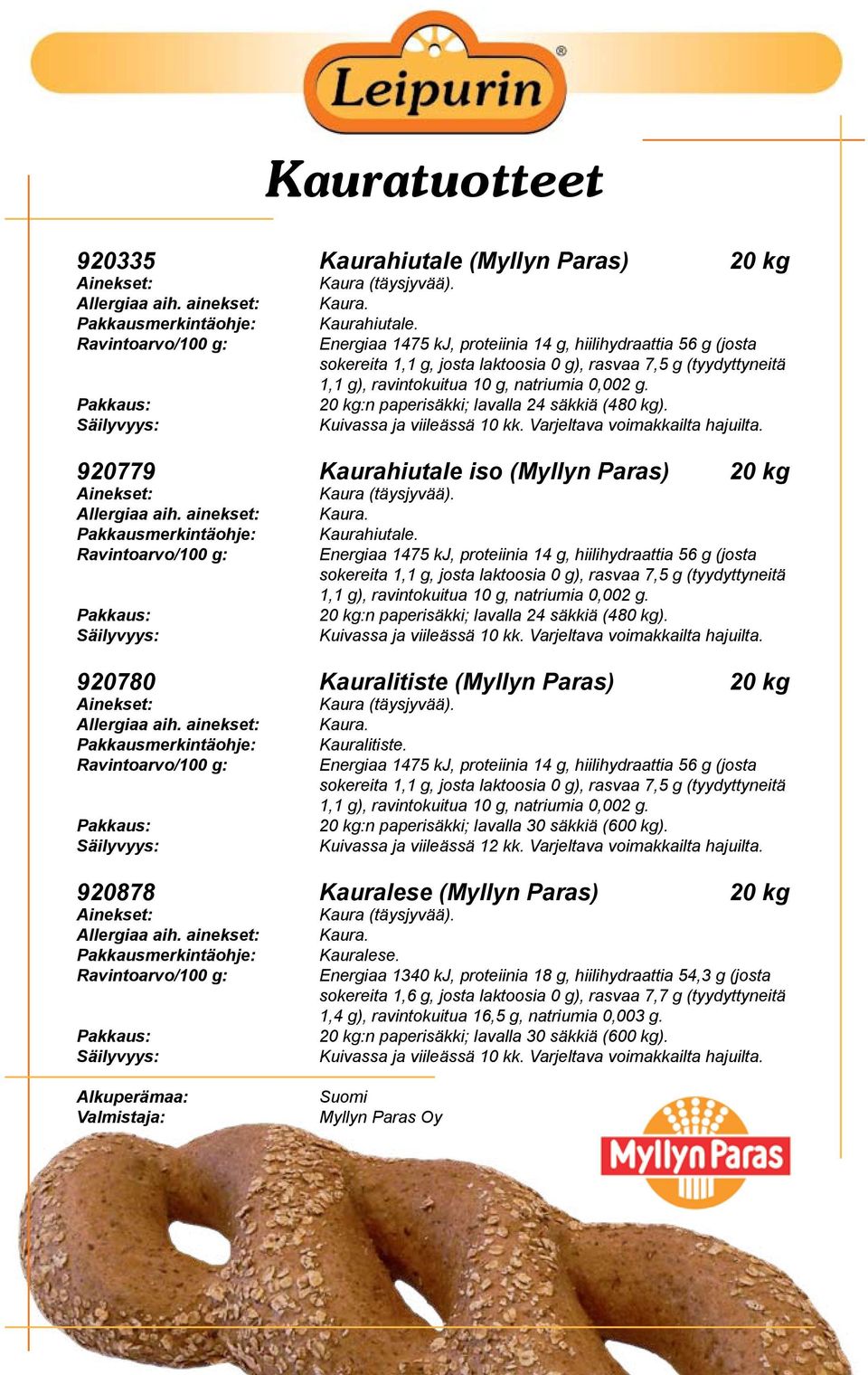 20 kg:n paperisäkki; lavalla 24 säkkiä (480 kg). Kuivassa ja viileässä 10 kk. Varjeltava voimakkailta hajuilta. 920779 Kaurahiutale iso (Myllyn Paras) 20 kg Kaurahiutale.