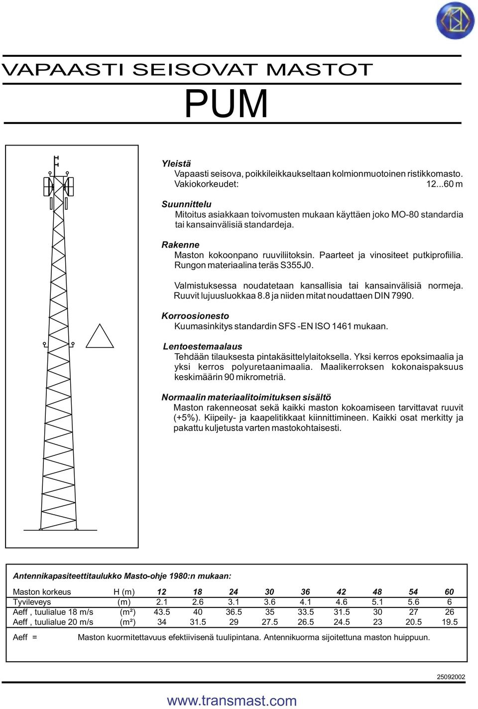 Kaikki osat merkitty ja pakattu kuljetusta varten mastokohtaisesti. Maston korkeus H (m) 12 18 24 30 36 42 48 54 60 Tyvileveys (m) 2.1 2.6 3.1 3.6 4.1 4.6 5.1 5.