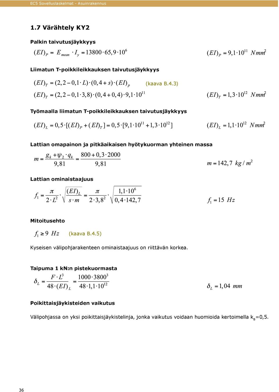 Lattian ominaistaajuus (kaava B.4.5) Kyseisen välipohjarakenteen ominaistaajuus on riittävän korkea.